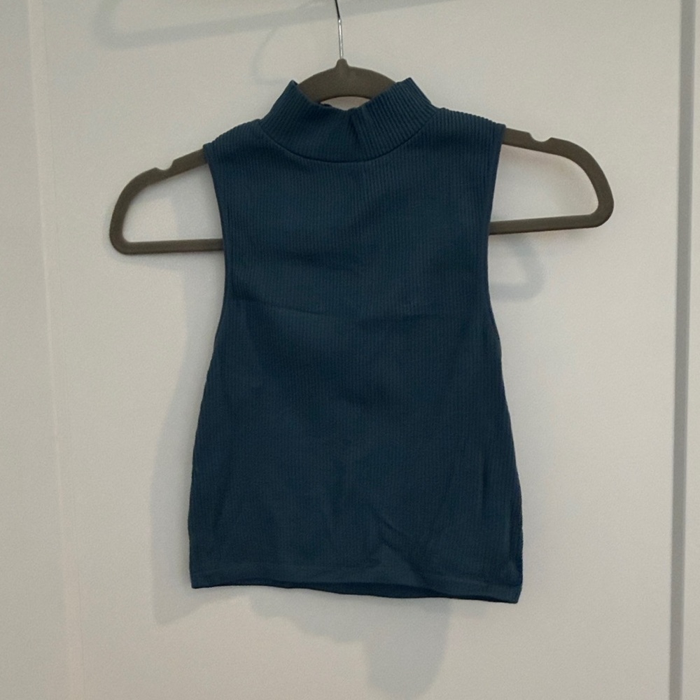 Zara Ribbed Mock Neck Tank Top in Deep Blue